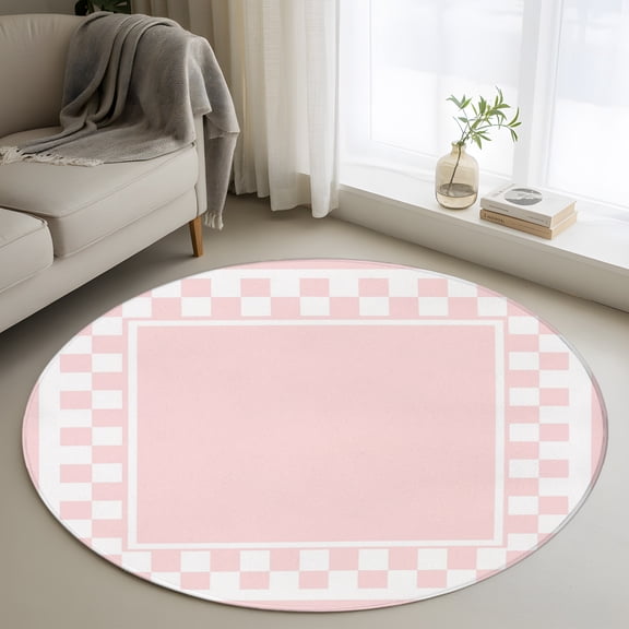 Pink Square 3FT Round Area Rugs Graphic Retro Blush Pink White Checkered Border Soft Small Round Rug Non-Slip, Ultra-Thin Circle Carpet for Bedroom Entryway Kitchen Bathroom