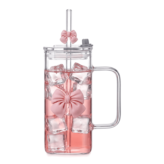 Damkogic 13oz Pink Square Glass Tumbler with Handle, Lid & Straw, Bow Knot Design, Heat Resistant