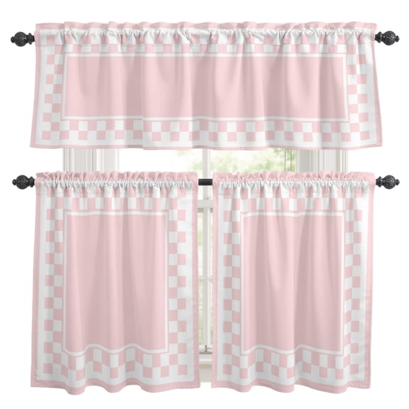 Pink Square Kitchen Curtains Set for Windows, Graphic Retro Blush Pink White Checkered Border Curtains Valance and Tier 3 Piece Set Small Drapes 24 Inch Length for Kitchen Bedroom Decor