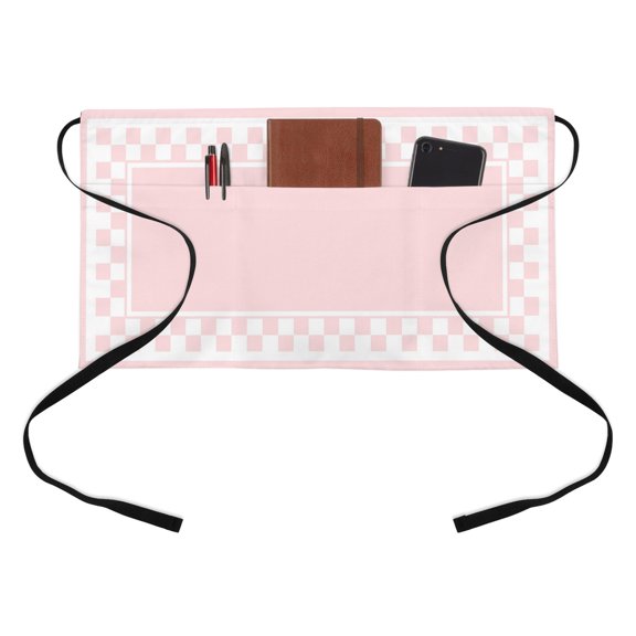Pink Square Kitchen Restaurant Half Waist Apron, Graphic Retro Blush Pink White Checkered Border Server Short Apron with 3 Pockets Waterproof Oil Waist Aprons for Women Waitress Waiter