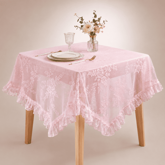 Pink Square Lace Tablecloth 55" x 55" Floral Embroidery