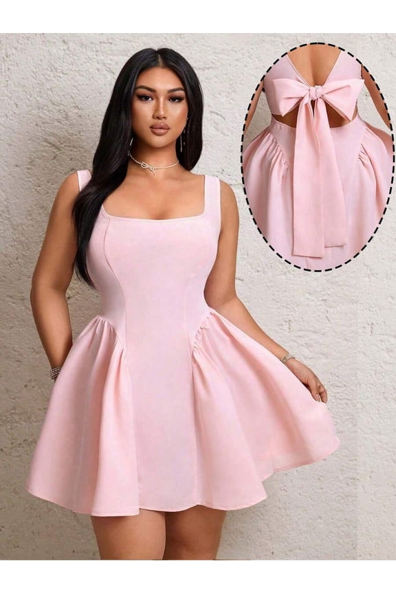 Pink Square Neck Bow Back Fit & Flare Party Dress For Women
