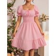 thumbnail image 1 of Pink Square Neck Ruched Waist A-Line Dress With Puffed Sleeves And Tiered Hem, 1 of 6
