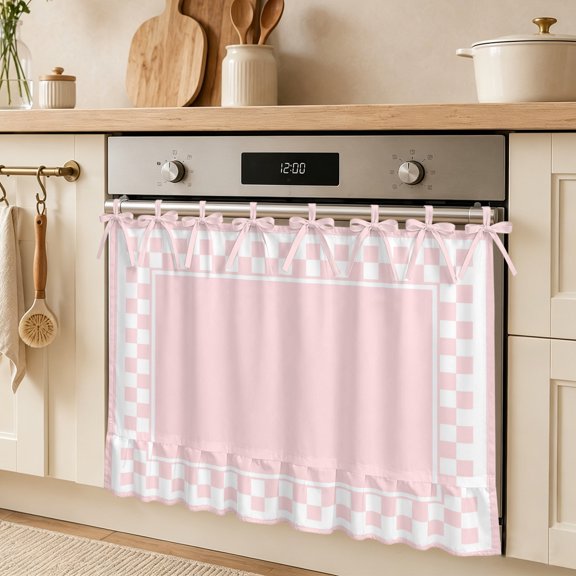 Pink Square Oven Curtain Skirt Graphic Retro Blush Pink White Checkered Border Stove Cover Skirt Tie Top Kitchen Decorative Stove Curtain with Ribbon Ties for Dishwasher Cabinet 27"x20"