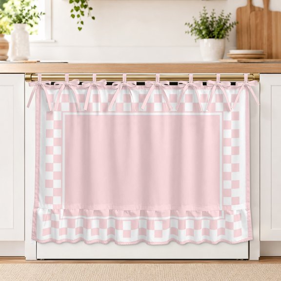 Pink Square Oven Skirt Curtain for Kitchen Decor 30 x 21.5 Inch Graphic Retro Blush Pink White Checkered Border Ruffle Oven Door Cover with Ties, Decorative Oven Skirt for Dishwasher, Stove, Cabinet