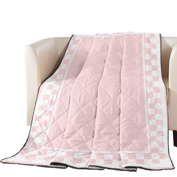 Pink Square Quilted Comforters Cooling Blanket Oversized King Size, Graphic Retro Blush Pink White Checkered Border Cold Comfort for Hot Sleepers Lightweight Air Conditioning Quilt Blanket for Bed