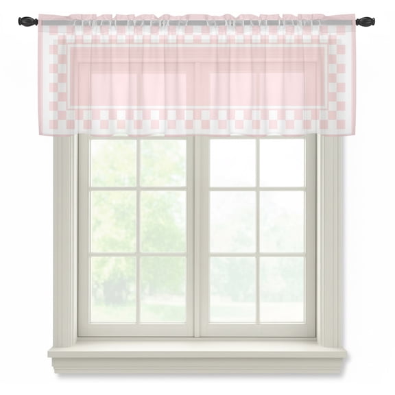 Pink Square Sheer Valances for Windows, Graphic Retro Blush Pink White Checkered Border Semi Sheer Kitchen Valance Rod Pocket Small Voile Window Curtains for Living Room Bedroom 42 x 18 Inch