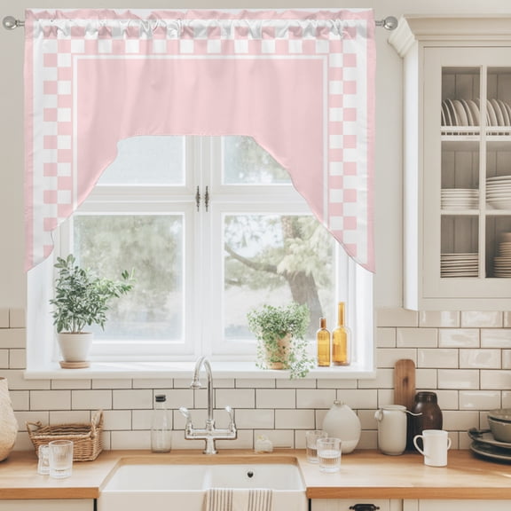 Pink Square Swag Valance for Windows, Graphic Retro Blush Pink White Checkered Border Swag Curtains Valances for Small Window Treatment Rod Pocket for Kitchen Bathroom 1 Panel 56x36in