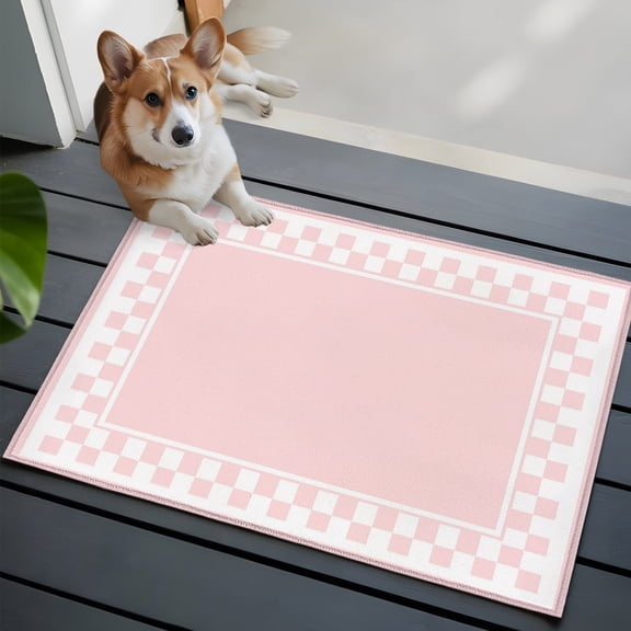 Pink Square Washable Entry Rug 2x3 Graphic Retro Blush Pink White Checkered Border Low Pile Indoor Door Mat with Rubber Backing Thin Area Rug for for Entrance, Bedroom, Kitchen, Laundry, Bathroom
