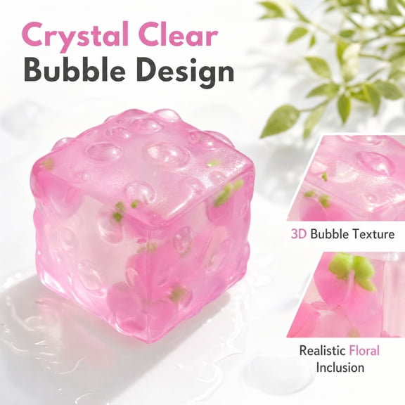 Pink Squishy Stress Cube with 3D Bubble Texture and Floral Inclusion, Slow Rising Squeeze Toy for Relaxation Relief