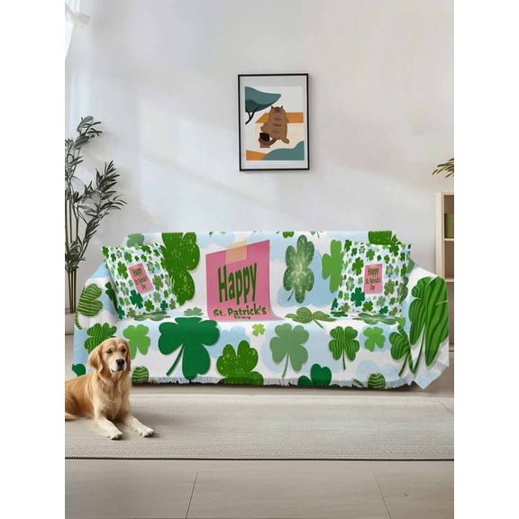 Pink St. Patrick's Day Couch Cover, Green Shamrock Leaves Blue Cloud Oversized Sofa Cover Blanket for 3 Cushion Couch, Sectional Sofa Slipcover Furniture Protector for Living Room Bedroom 71''x150''