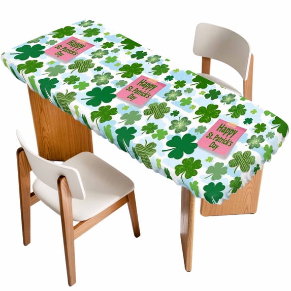 Pink St. Patrick's Day Table Cloths for 8 Foot Rectangle Tables, Green Shamrock Leaves Blue Cloud Patio Waterproof Elastic Fitted Tablecloths, Washable Rectangular Table Cover for Camping