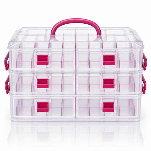 Pink Stackable Plastic Storage Case with 24 Customizable Compartments 6 Drawers