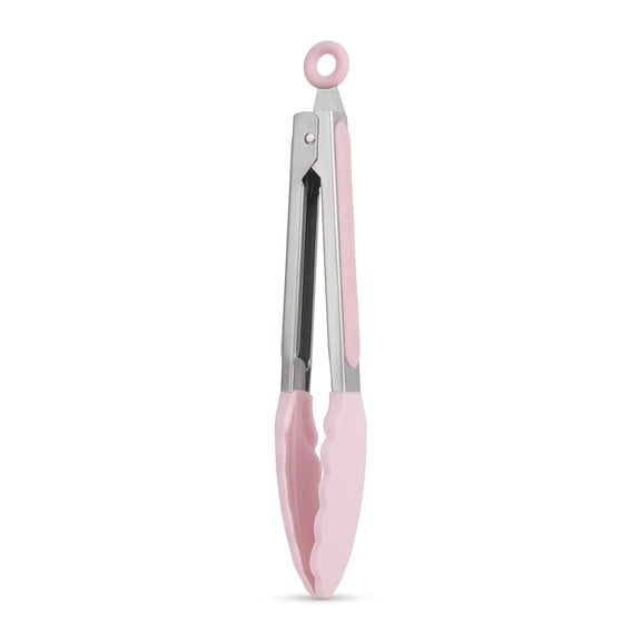 Pink Stainless Steel Food Tongs, 27 cm Serving and Cooking Utensil with Scalloped PP Grip Tips