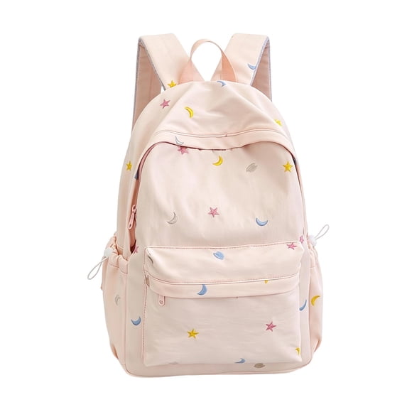 Pink Star Moon Embroidery Backpack for Teen Girls, Water Resistant Nylon Rucksack with Laptop Compartment & Side Pockets, for Middle High School College