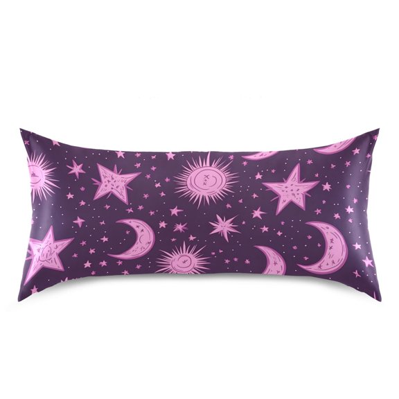 Pink Star Moon Sun Pattern Pillow Case Standard Size Silky Satin Pillow Cover for Bedroom 20x26 Inch