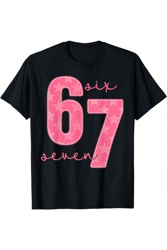 Pink Star Pattern Number 67 Retro Unisex Short Sleeve Graphic T-Shirt
