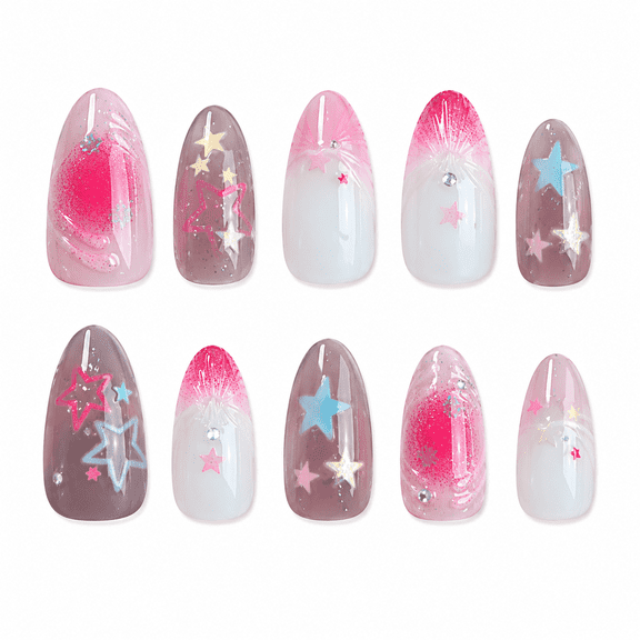 Pink Star Press on Nails, Medium Almond Glossy False Nails with Glitter Shell Detail, 30 Count