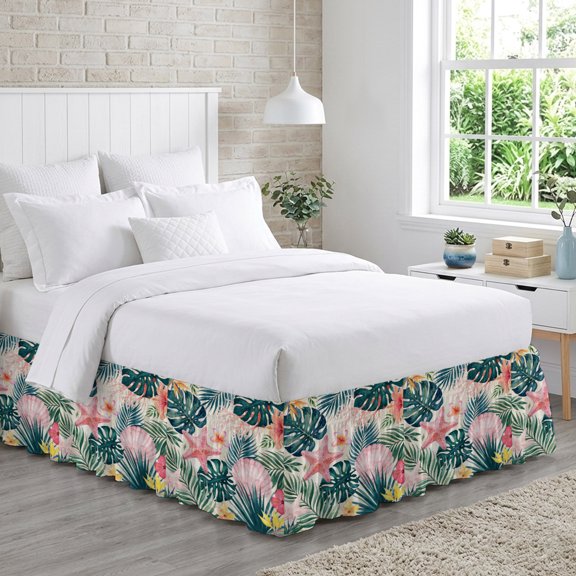 Pink Starfish Bed Skirt Queen Size 16 Inch Drop, Shell Palm Leaf Tropical Botanical Summer Flower Coastal Adjustable Elastic Dust Ruffles Bedskirt for Queen Bed Wrap Around Pleated Mattress Cover