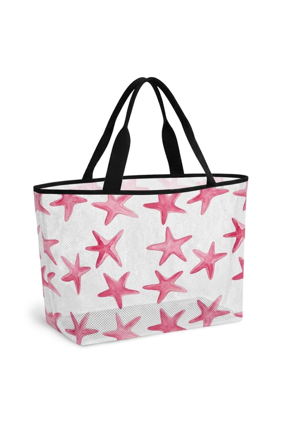 Pink Starfish Coastal Beach Bag for Women, Large Breathable Mesh Beach Tote Bag, Nautical Summer Ocean Modern Sandproof Lightweight Travel Bags for Vacation Picnic Swimming Pool 15.7"x15.7"x9.1"