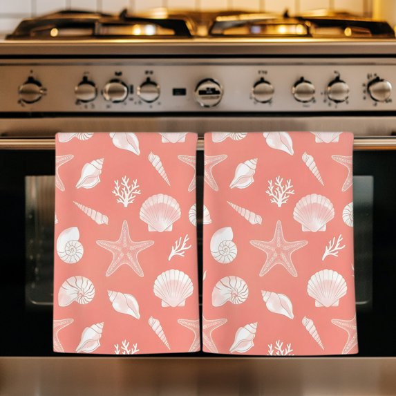Pink Starfish Coastal Kitchen Towels Set of 3, Shell Conch Coral Nautical Summer Absorbent Dish Towels for Kitchen, Microfiber Hand Towel, Quick Drying Tea Towel for Cleaning Decorative Dishcloths