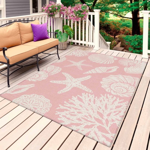 Pink Starfish Coastal Outdoor Rug 5x7 Ft, Non Slip Washable Area Rug, Shell Coral Summer Beach Nautical Ocean Patio Rugs Carpet Runner, Large Floor Mat for Indoor/Outdoor Deck Porch Camping