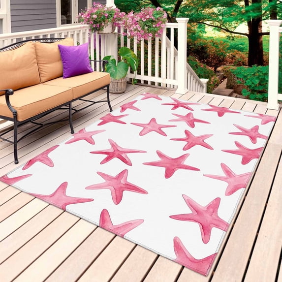 Pink Starfish Coastal Outdoor Rug for Patio/Deck/Porch, Non-Slip Large Area Rug 3 x 5 Ft, Nautical Summer Ocean Modern Indoor Outdoor Rugs Washable Area Rugs, Reversible Camping Rug Carpet Runner