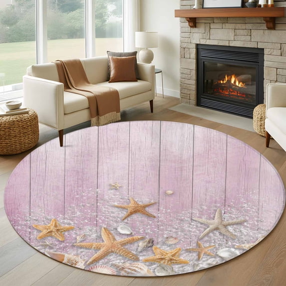 Pink Starfish Coastal Round Area Rug 6Ft Washable Circle Rugs for Bathroom Office, Summer Beach Shell Wooden Non-Slip Carpet Floor Mats Indoor Outdoor Carpet Runner Aesthetic Home Decor