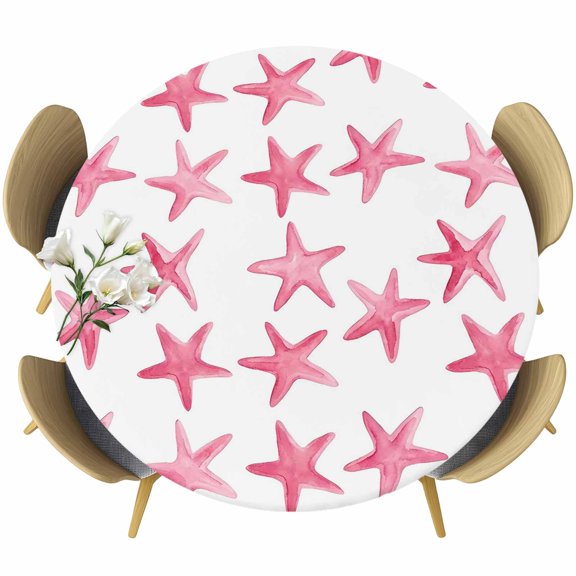 Pink Starfish Coastal Round Tablecloth 36-44 Inch Round Fitted Table Cloth with Elastic Edge, Nautical Summer Ocean Modern Waterproof Table Cover Protector for Outdoor Picnic Party Dining