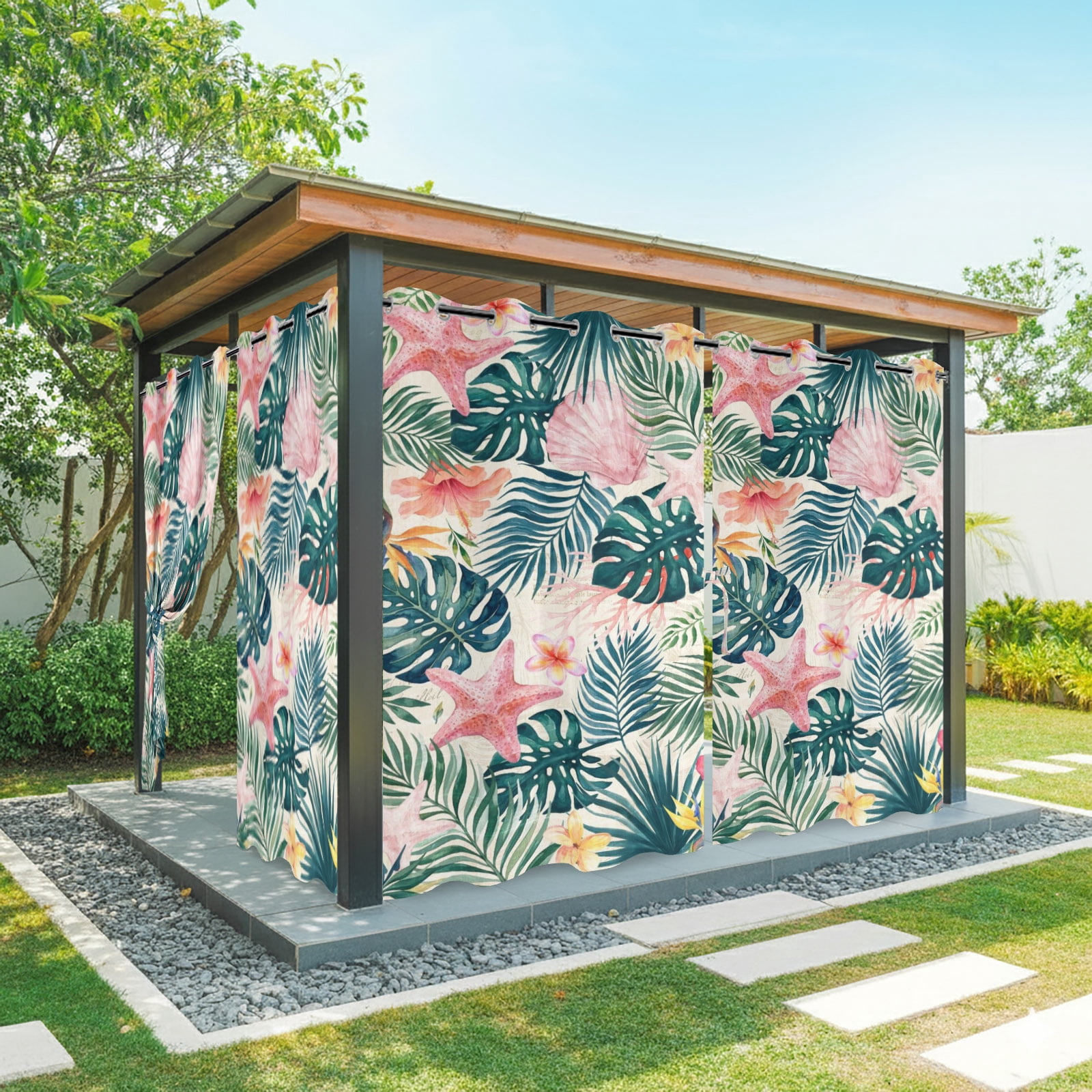 Pink Starfish Outdoor Curtains for Patio, Shell Palm Leaf Tropical Botanical Summer Flower Coastal Sunshade Privacy Drapes Grommet Waterproof Outside Curtains for Porch Balcony 54"x108", 1 Panel