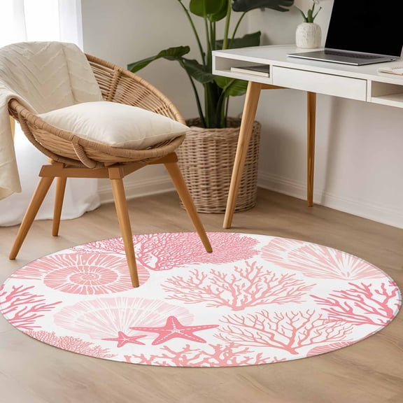Pink Starfish Shell Coral 3.3ft Round Rug for Bedroom Reading Corner, Coastal Silhouette Pattern Ocean Washable Non Slip Circle Area Rug