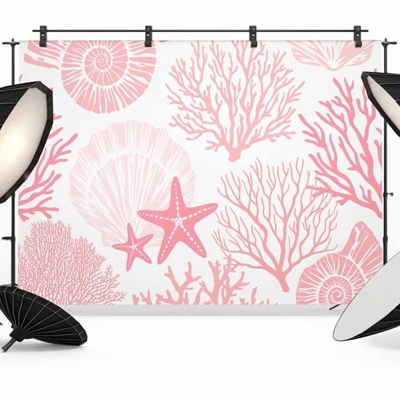 Pink Starfish Shell Coral Backdrop for Photography, Coastal Silhouette Pattern Ocean Photo Backdrop Portrait Background Party Banner Photo Backgrounds for Studio Booth Props, 10x8ft