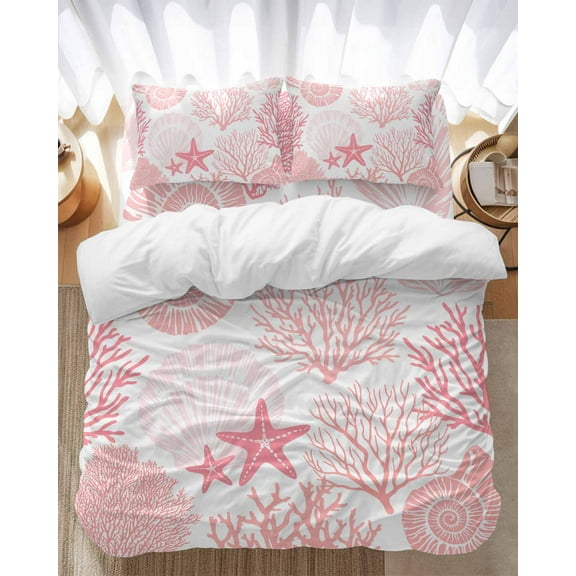 Pink Starfish Shell Coral Bedding Duvet Cover Set King Size 4 Pieces Coastal Silhouette Pattern Ocean Bedding Set with Zipper Closure, 1 Comforter Cover 92x106 Inches 1 Flat Sheet & 2 Pillow Cases