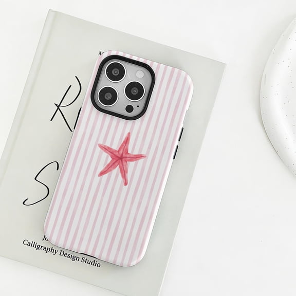 Pink Starfish Tough Phone Case, Striped Beach Vacation Protective Cover Compatible with iPhone 15 Pro Max