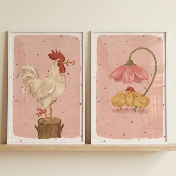 Pink Starry Chickens Wall Art Set of 2 Nursery Farmhouse Decor Cottagecore Nursery Prints Cute Rooster Baby Chicks Pink Farm Animal Art Set 2