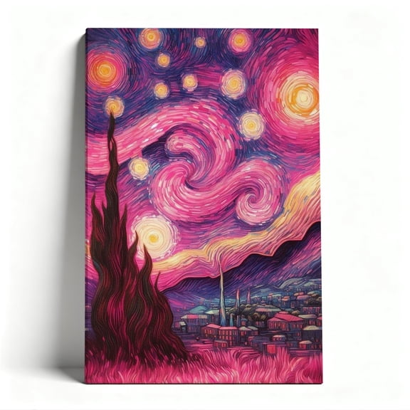 Pink Starry Night Canvas Wall Art, Vibrant Impressionist Decor, Swirling Sky Artwork For Living Room, Ready To Hang
