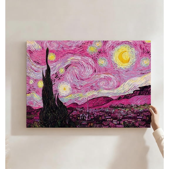 Pink Starry Night Van Gogh Inspired Canvas Wall Art, Vibrant Impressionist Decor, Swirling Pink Sky Artwork For Bedroom, Living Room, Gallery, Ready To Hang 24*36inch(60*90cm)