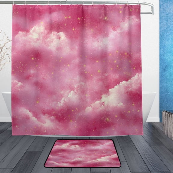 Pink Starry Sky Bathroom Accessory Sets Waterproof Shower Curtain with Anti-Slip Bath Mat Durable Combo