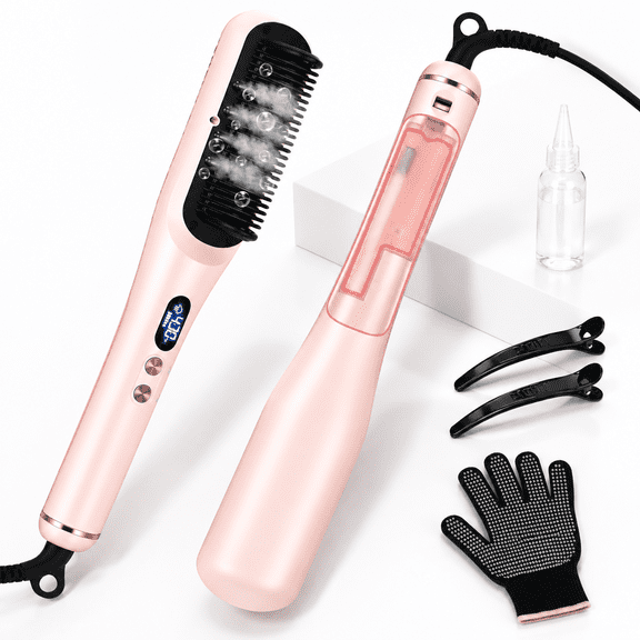 Pink Steam Hair Straightening Brush with Ionic Care for All Hair Textures