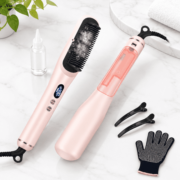 Pink Steam Hair Straightening Brush with Ionic Care for All Hair Textures