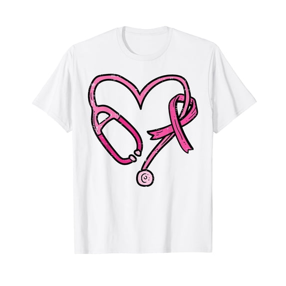 Pink Stethoscope Nurse Medical Breast Cancer Awareness White T-Shirt Cotton Tee