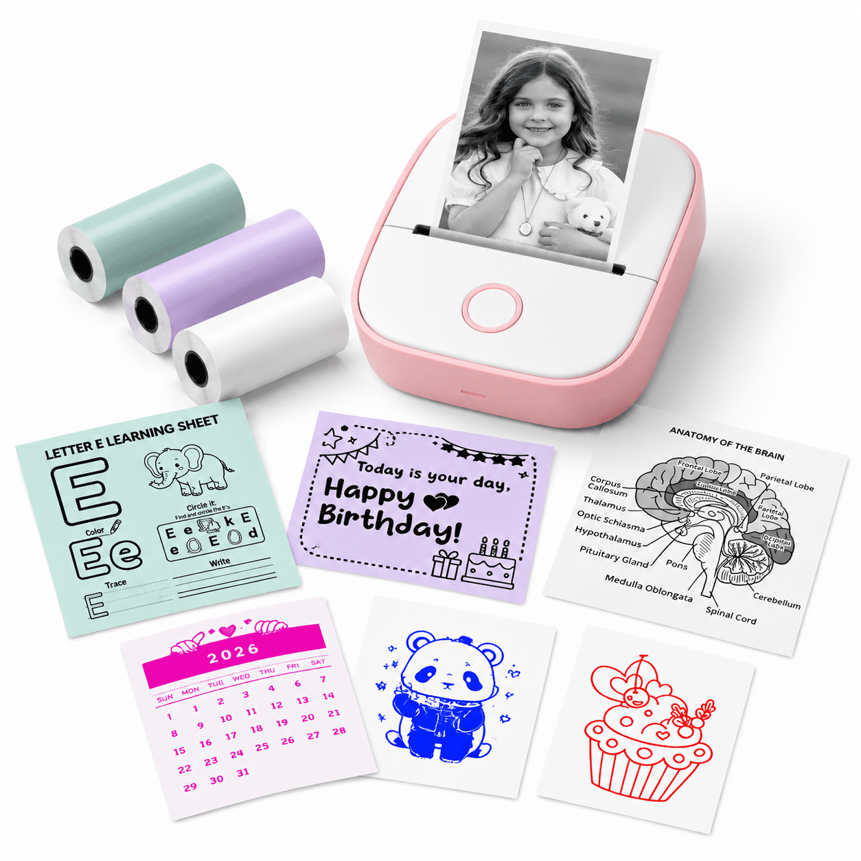 Pink Sticker Printer, 1 Printer + 3 Rolls Paper, Portable Mini Printer ...