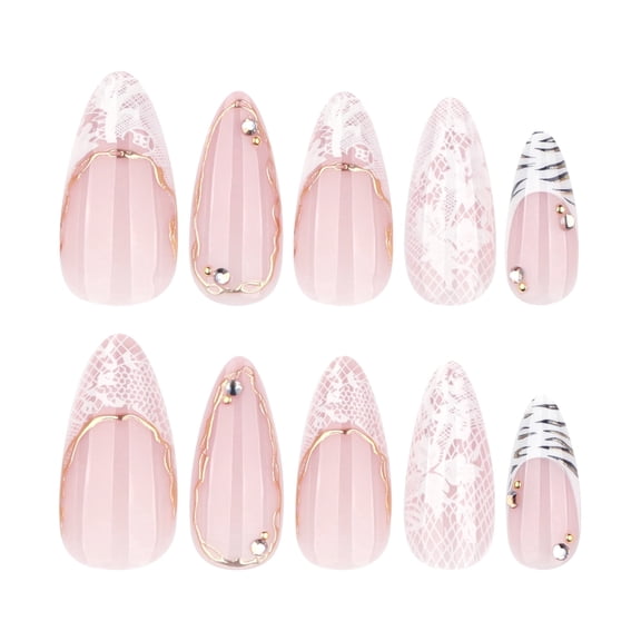 Pink Stiletto Press on Nails Square Fake Nails with French Tip Rhinestone Animal Print 3D Designs Pink Full Cover Adhesive Press Ons Glam Acrylic False Nails Nail Tips for Women Girls 24 Pcs