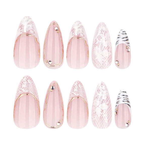 Pink Stiletto Press on Nails with French Tip, Lace, Zebra Print & Rhinestone Accents, 3D Raised Detail for Daily & Party Manicure, 24 PCS