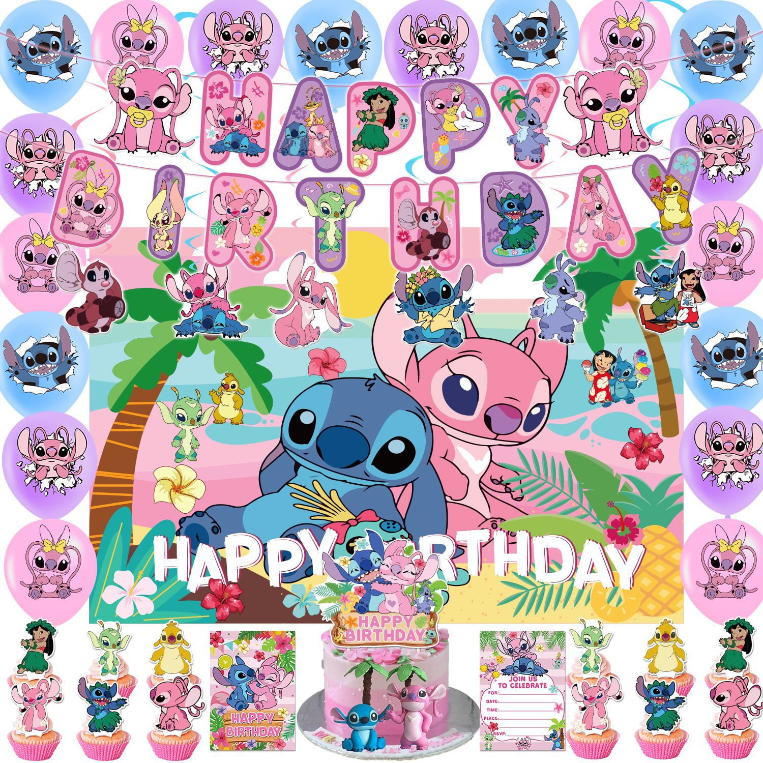 Lilo and Stitch and Angel Pink Birthday Cake Topper Decoration
