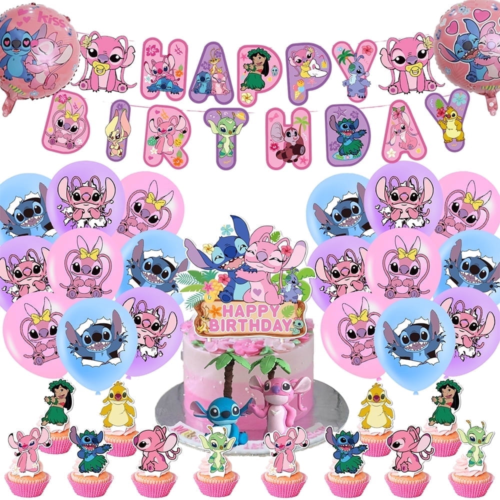 Pink Angel Birthday Party Decorations,Party Supplies Banner, Latex Ballons,Cake Topper,Cupcake Toppers Cute Lilo Party Decorations for Lilo Theme Party