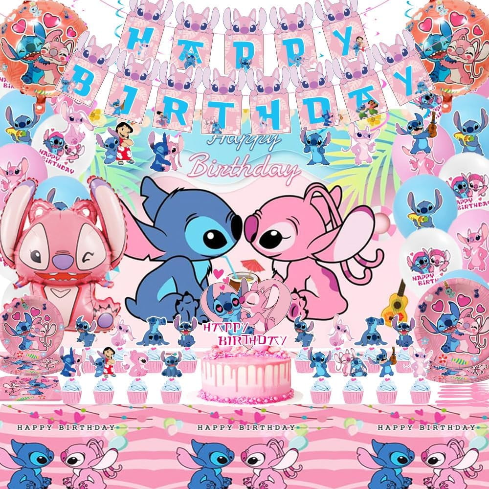 Pink Stitch Birthday Party Supplies, Stitch Party Decorations Including Backdrop, Birthday Banner, Hanging Swirls, Balloons, Cake Toppers, Plates, Forks, Napkins for Lilo and Friends Party