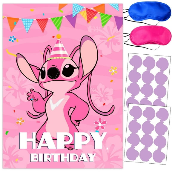 Pink Stitch Party Supplies Decorations, Cartoon Stitch Birthday Party Pin Game, Large Poster 24PCS nose stickers for Stitch Birthday Party Favors Decorations