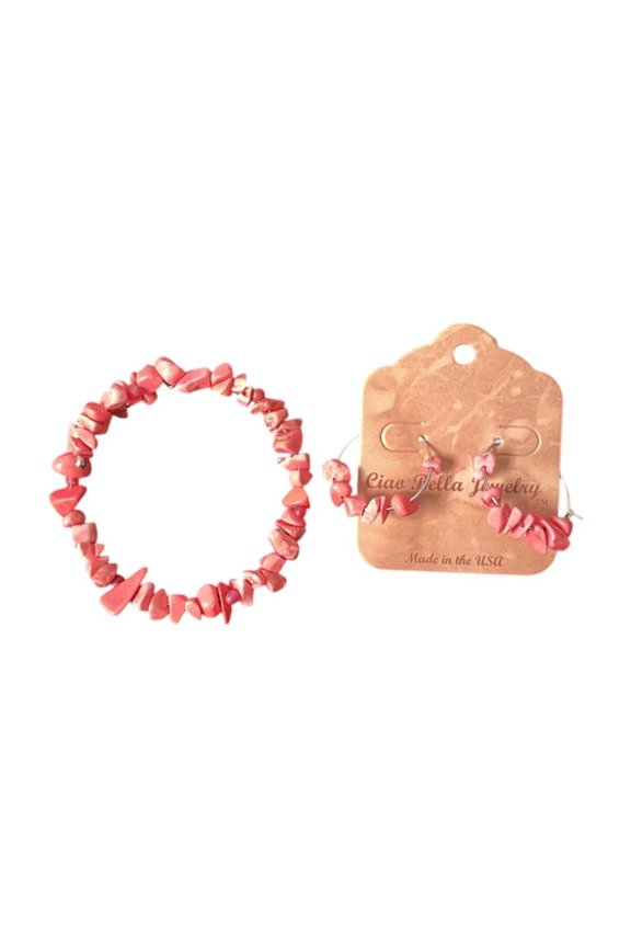 Pink Stone Jewelry Set, Wrap Bracelet Hoop Earrings