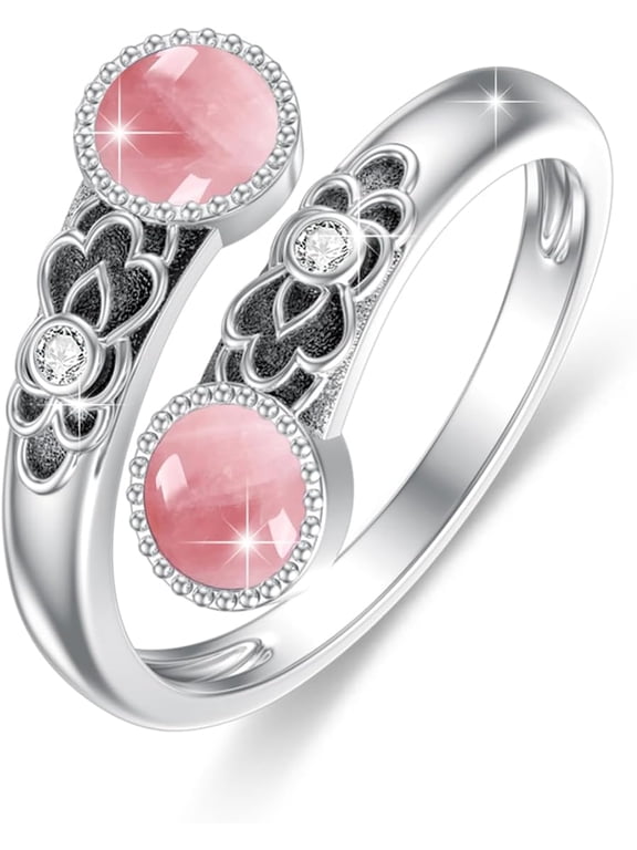 Pink Stone Ring 925 Sterling Silver Floral Ring Adjustable Ring Christmas Gift for Women Anniversary Birthday Jewelry Gift for Women Daughter Sister